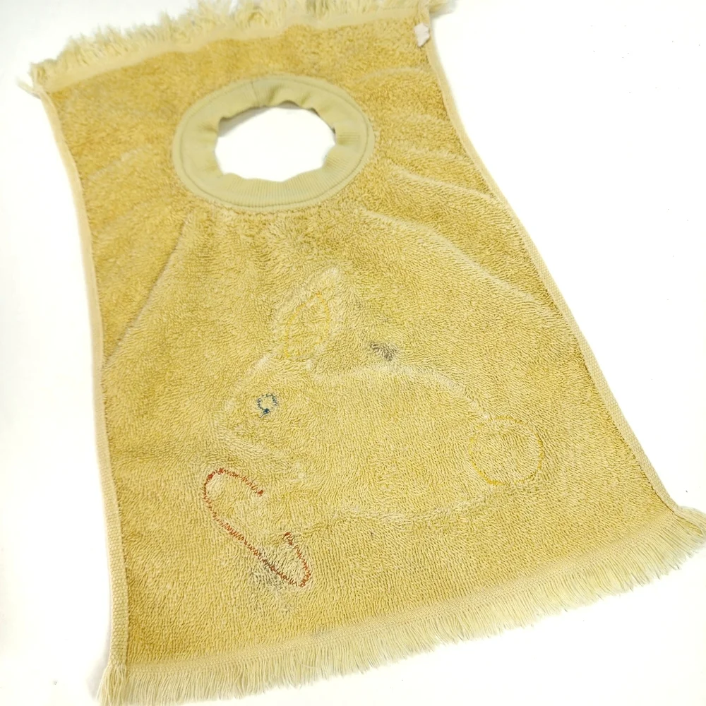 90s VINTAGE HAMCO Baby Bunny Rabbit Pullover Terry Cloth Towel Bib Yellow
